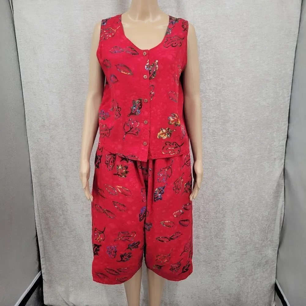 Young Fashion Vintage Red Patterned Culottes and Sleeveless Top Matching Set
